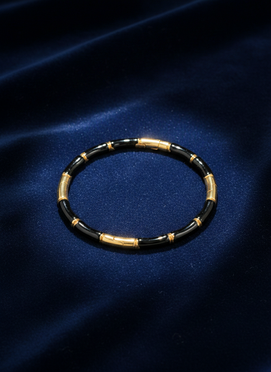 _80: Women Gold Plated Black Bamboo Segmented Bracelet Contemporary Bangle Jewelry - MVHSBRGD140