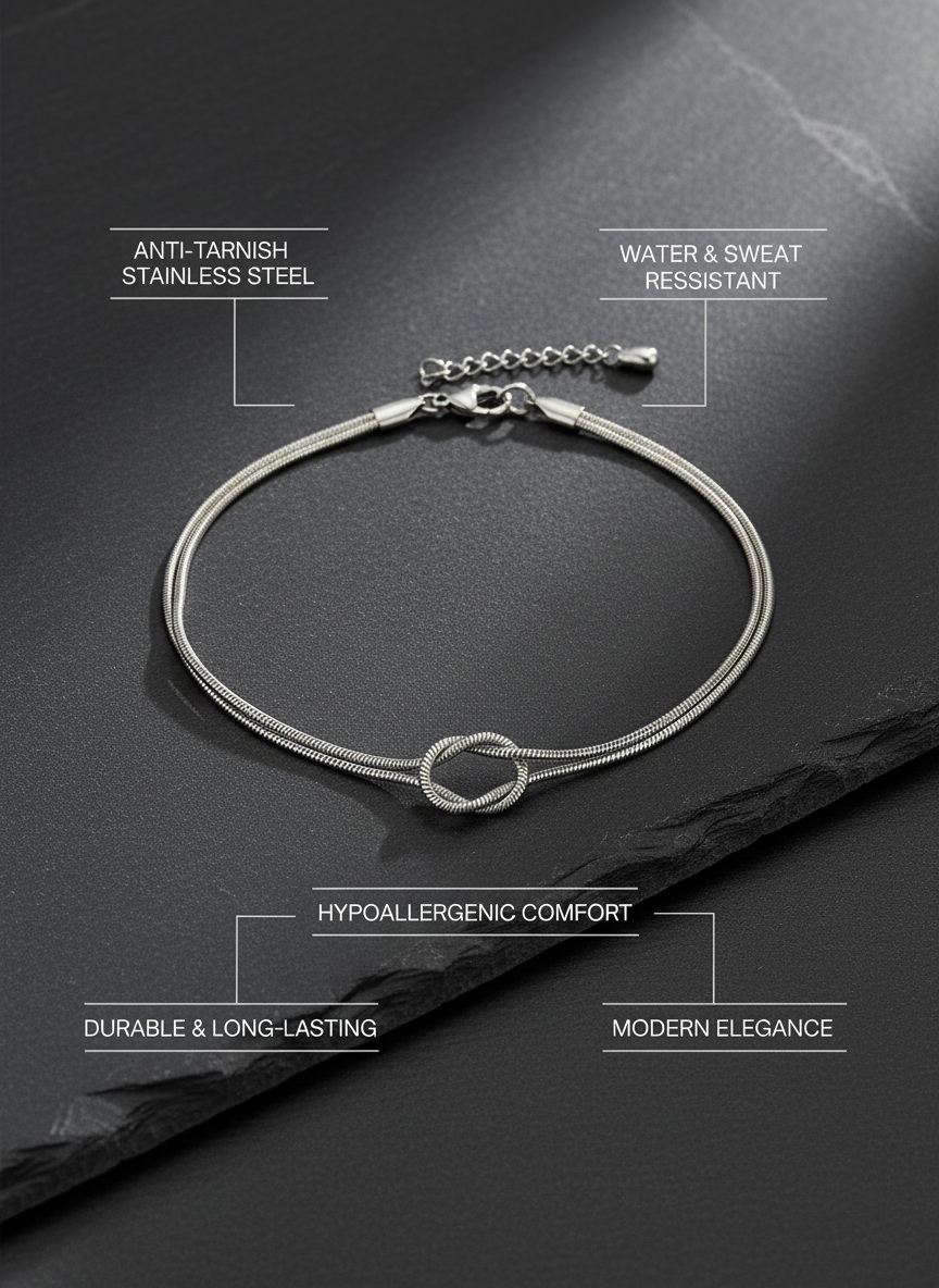 Elegant Silver Toned Minimalist Interlocking Knot Snake Chain Bracelet for Women - MVKMBRSR169