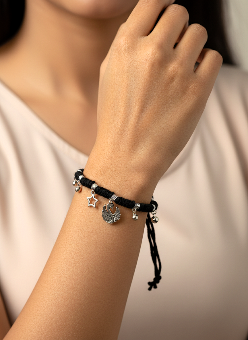 Women Black Thread Charm Bracelet with Oxidized Silver Swan and Star Charms - MVDRBRGD173