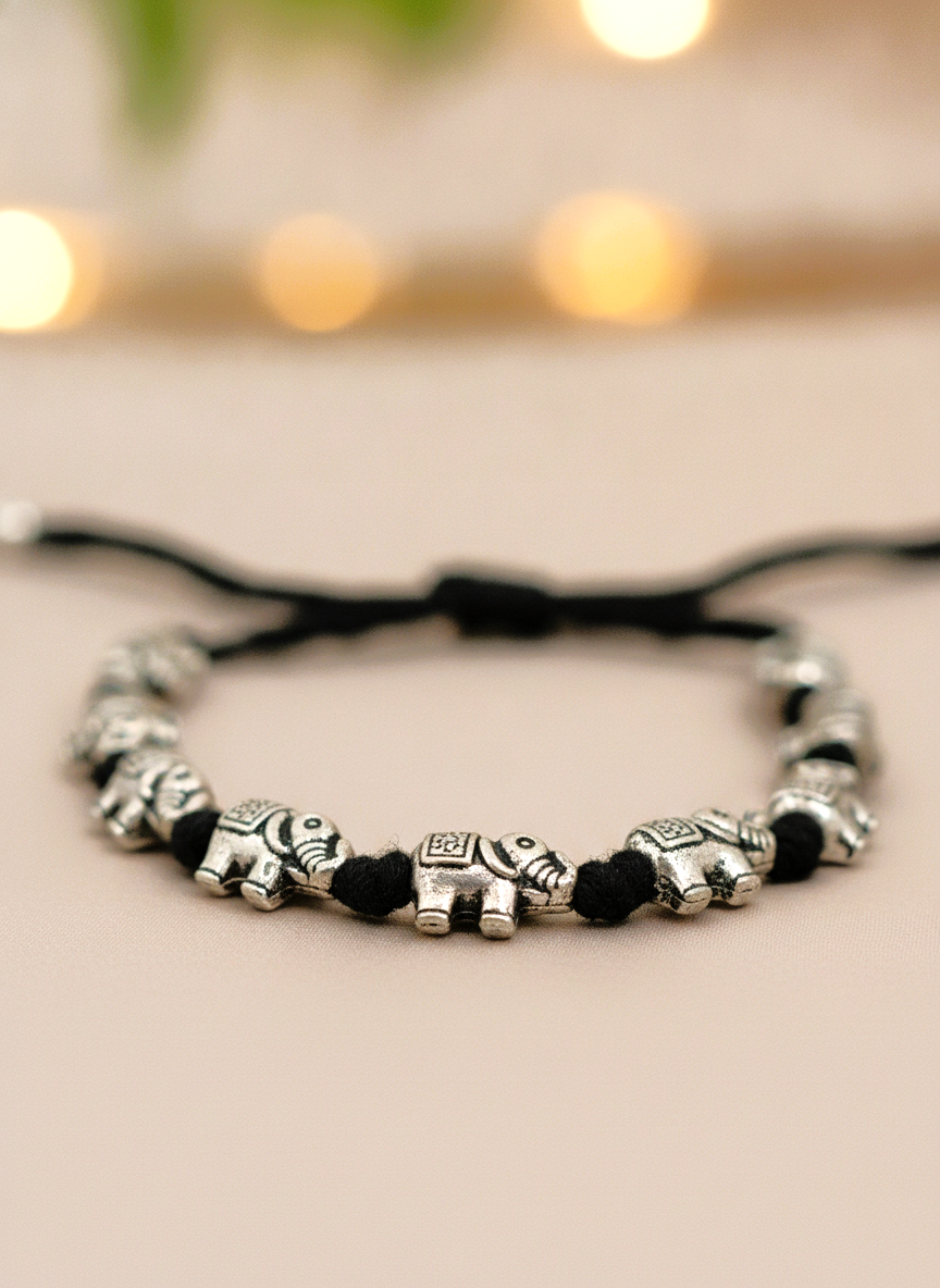 Silver Oxidised Elephant Black Thread Adjustable Bracelet for Women and Men - MVJPBRSR200