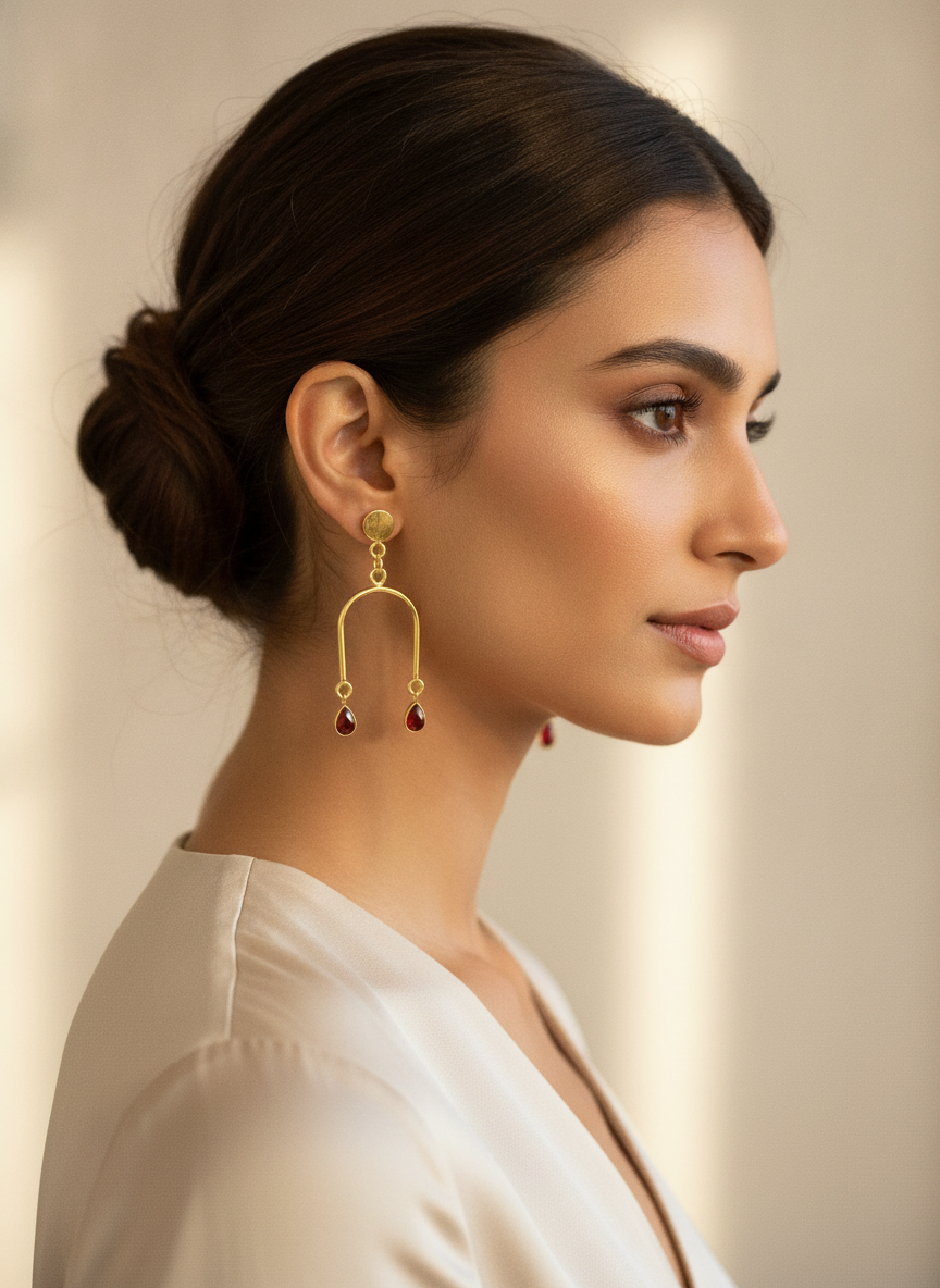 Gold Plated Contemporary Arch Drop Earrings with Ruby Red Teardrop Stones - MVJPERGD207