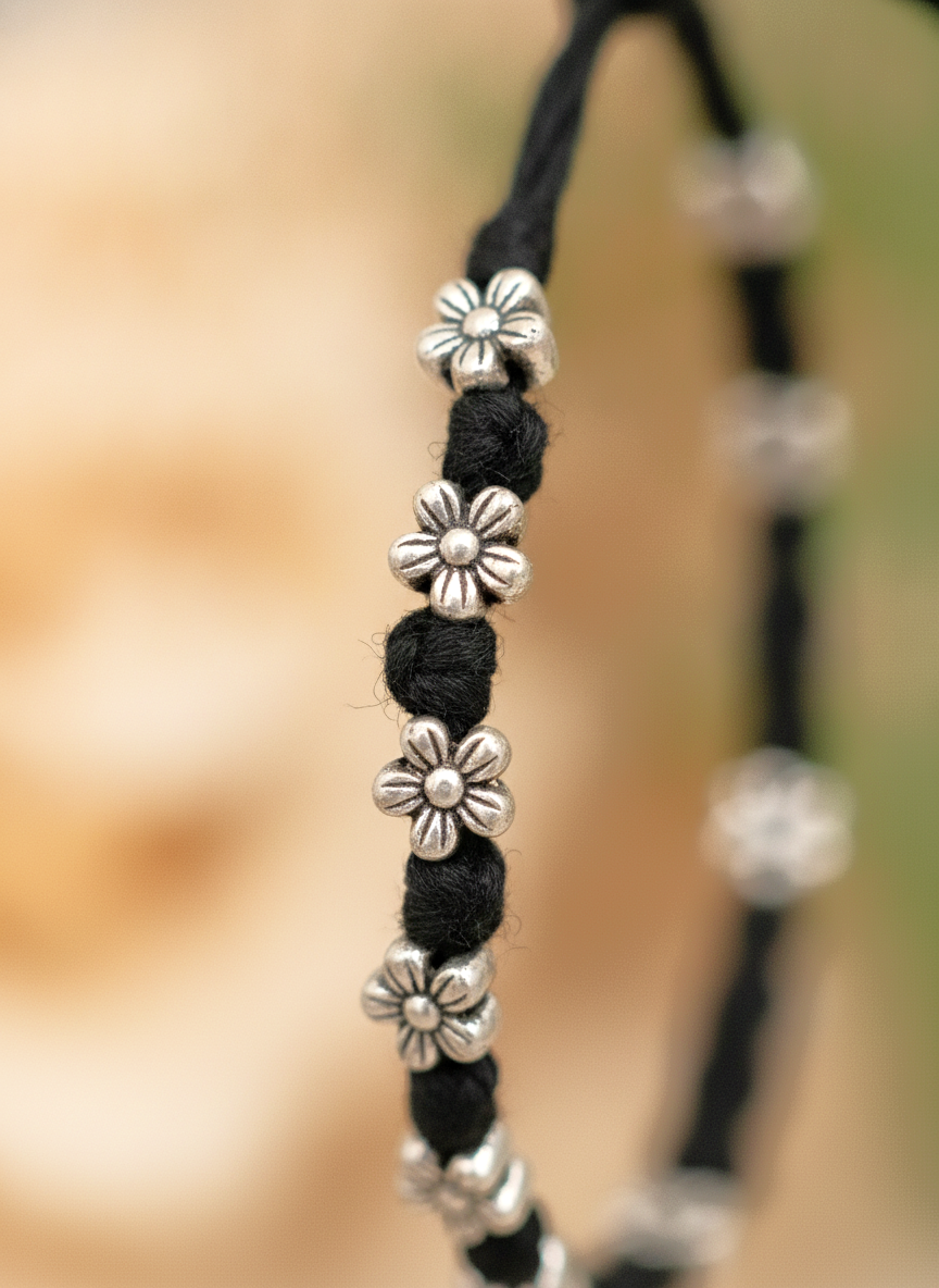 Black Thread Floral Bracelet with Silver Oxidised Beads for Women and Girls - MVJPBRSR203