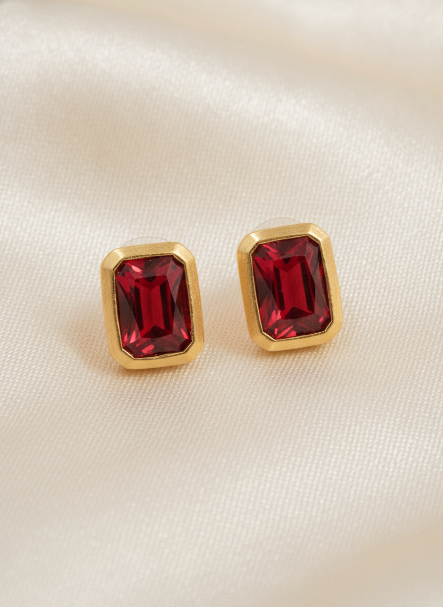 Elegant Ruby Red Rectangular Stud Earrings Gold Plated Minimalist Jewelry - MVJPERGD212