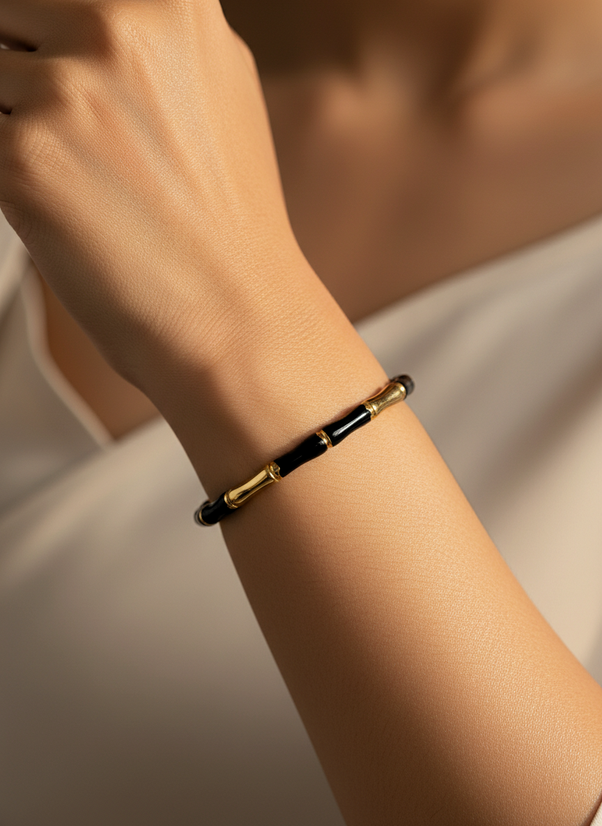 _80: Women Gold Plated Black Bamboo Segmented Bracelet Contemporary Bangle Jewelry - MVHSBRGD140