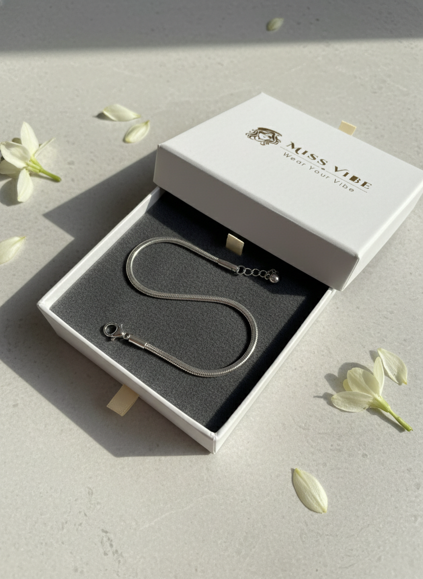 Silver Toned Minimalist Snake Chain Anklet for Women and Girls - MVKMAKSR194