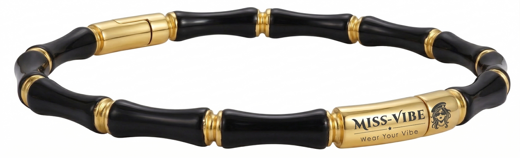 _80: Women Gold Plated Black Bamboo Segmented Bracelet Contemporary Bangle Jewelry - MVHSBRGD140