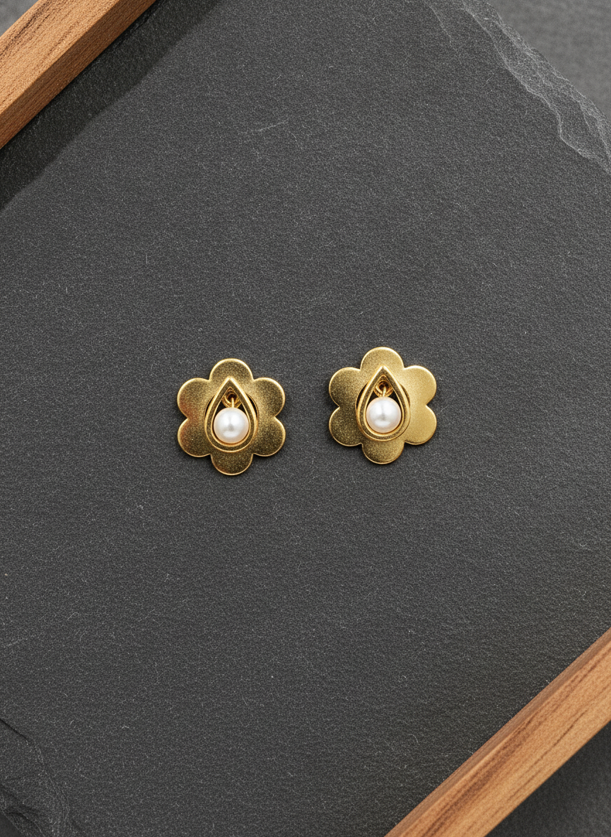 Gold Plated Flower Stud Earrings with Dangling Pearl for Women and Girls - MVJPERGD209