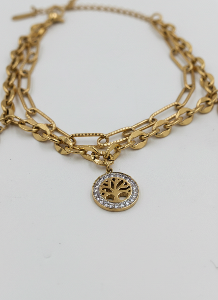 Gold Plated Tree of Life Triple Layered Charm Bracelet for Women and Girls - MVNFBRGD175
