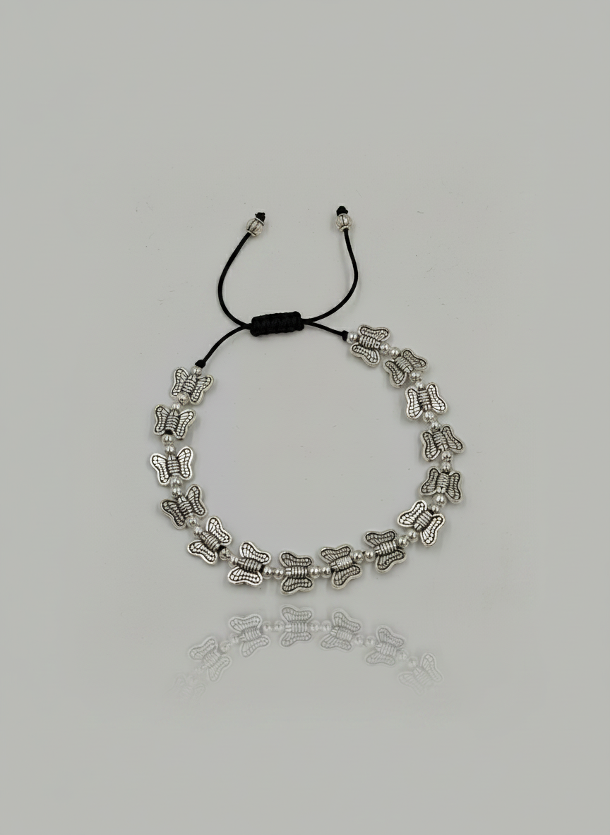 Silver Oxidized Butterfly Charm Anklet with Adjustable Thread for Women - MVDRAKSR192