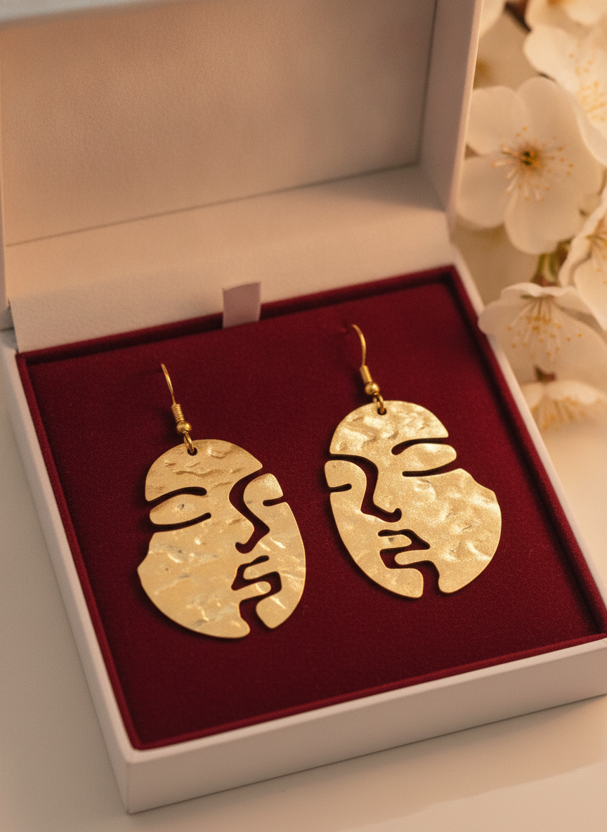 Gold Plated Abstract Face Silhouette Statement Drop Earrings for Women - MVJPERGD210