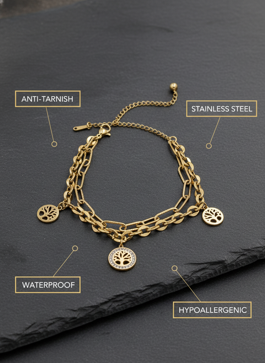 Gold Plated Tree of Life Triple Layered Charm Bracelet for Women and Girls - MVNFBRGD175