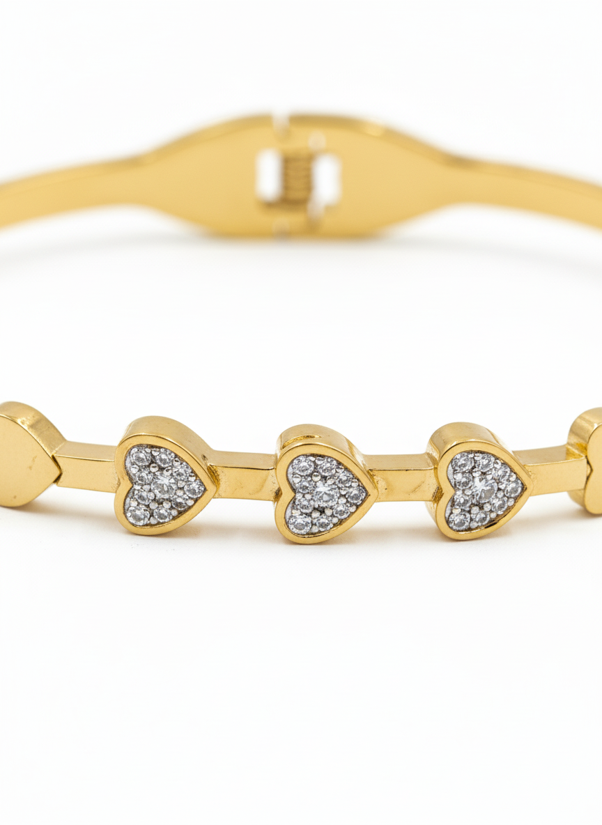 Gold Plated Crystal Heart Charm Bangle Bracelet for Women and Girls - MVANBRGD165