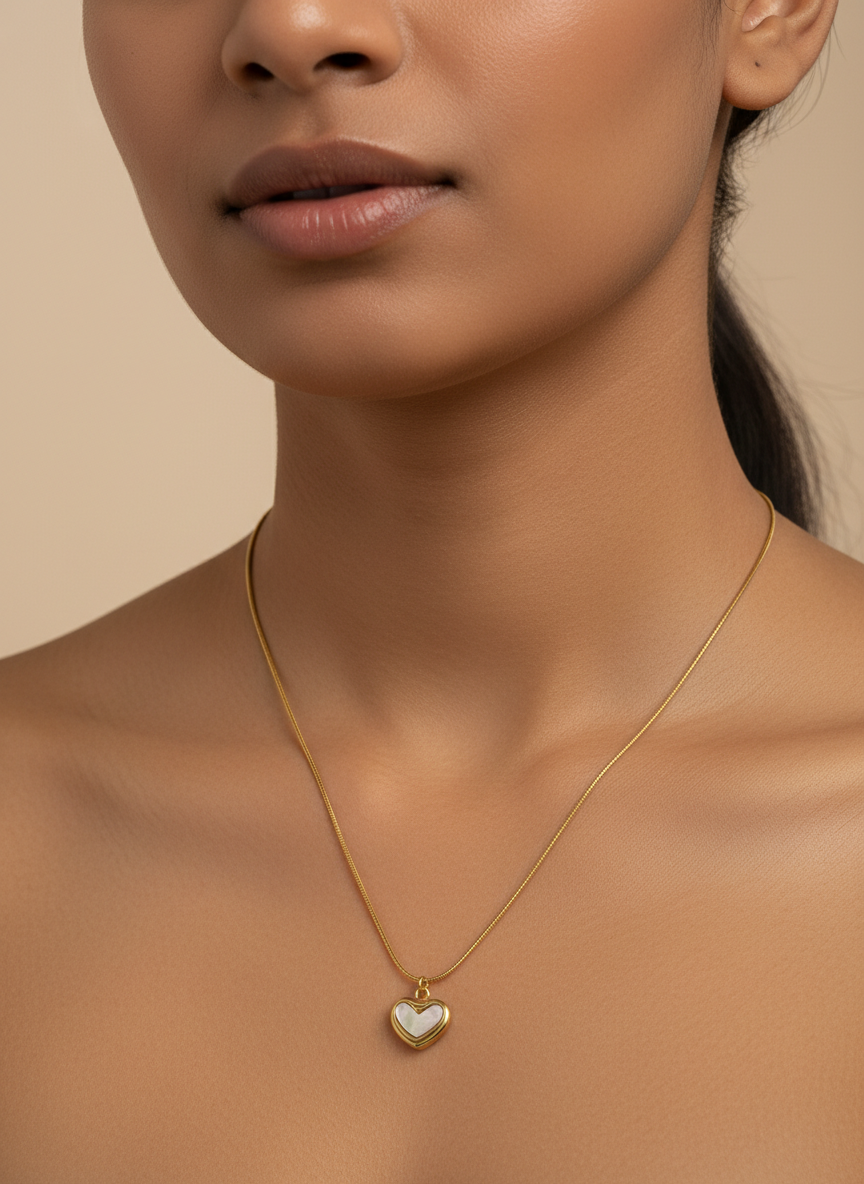 Elegant Gold Plated Heart Pendant Necklace for Women - Shimmering Mother of Pearl Style Inlay on Sleek Snake Chain - Hypoallergenic Jewelry Gift for Her - MVHSNKGD31