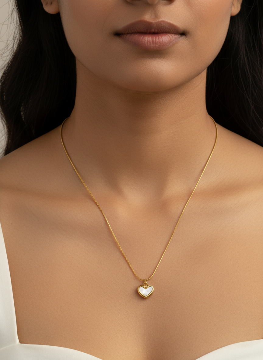Elegant Gold Plated Heart Pendant Necklace for Women - Shimmering Mother of Pearl Style Inlay on Sleek Snake Chain - Hypoallergenic Jewelry Gift for Her - MVHSNKGD31