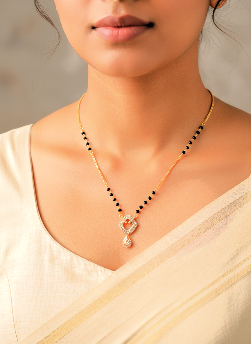Gold Plated CZ Studded Mangalsutra with Black Beads for Women - MVMFMSGD177
