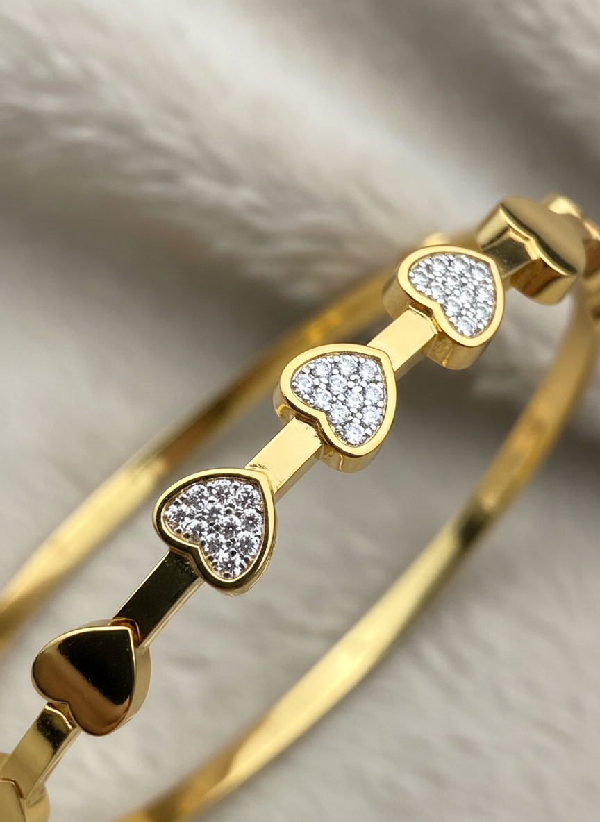 Gold Plated Crystal Heart Charm Bangle Bracelet for Women and Girls - MVANBRGD165