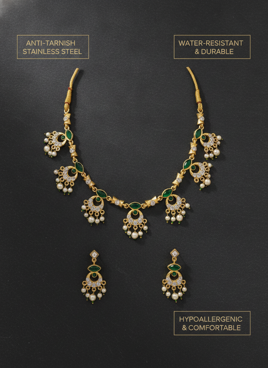 Gold Plated Green Stone and Pearl Necklace Jewelry Set for Women - MVJPSTGD204