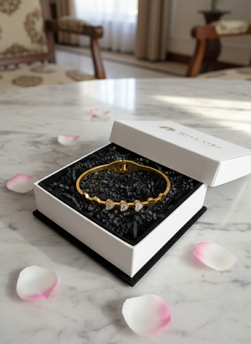 Gold Plated Crystal Heart Charm Bangle Bracelet for Women and Girls - MVANBRGD165