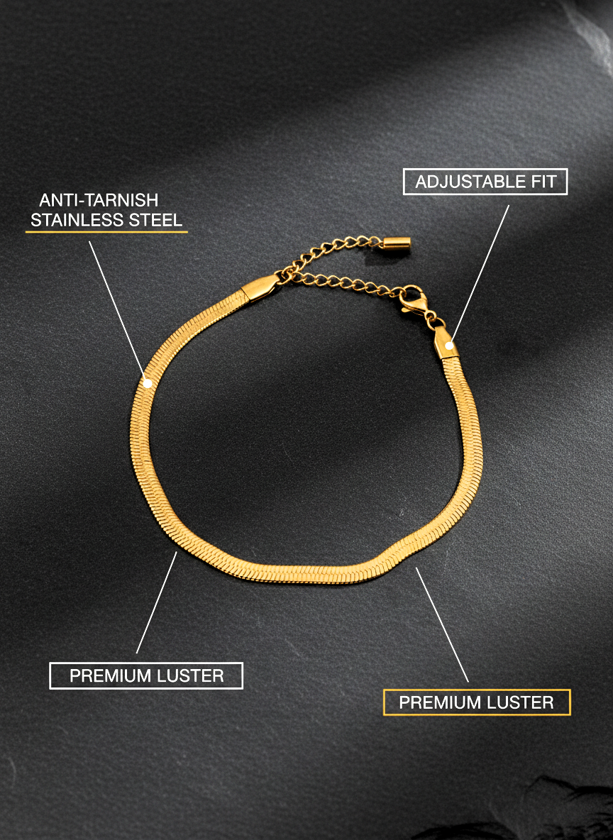 Elegant Gold-Plated Herringbone Snake Chain Anklet for Girls and Women – Sleek Flat Link Ankle Bracelet with Adjustable Extender – Minimalist Foot Jewelry for Summer & Occasions - MVDRAKGD98