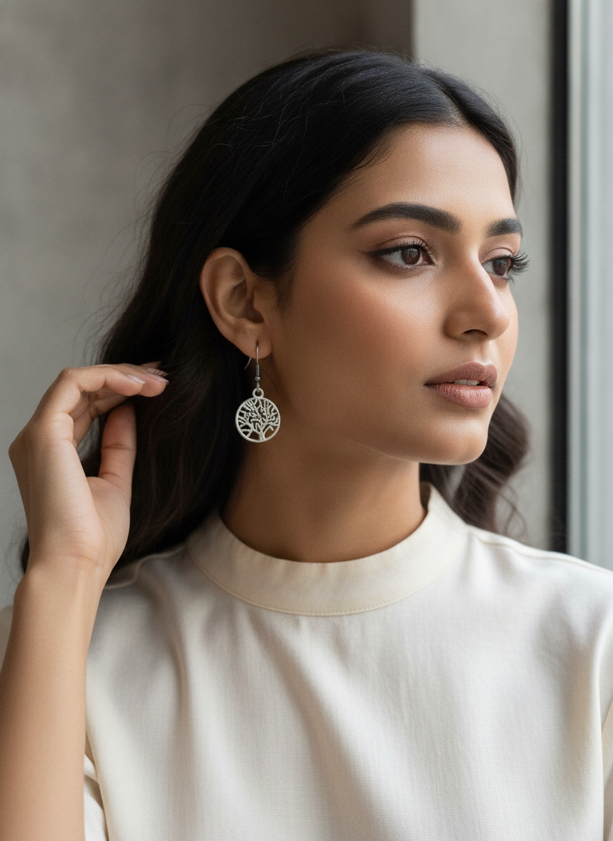 Oxidized Silver Tree of Life Drop Earrings for Women and Girls - MVJPERGD214