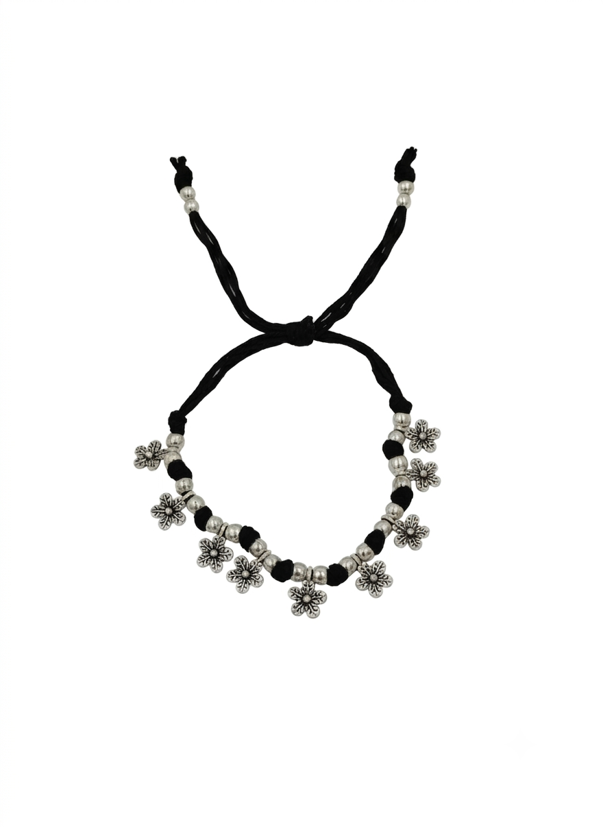 Silver Oxidized Black Thread Floral Charm Bracelet for Women and Girls - MVJPBRSR201
