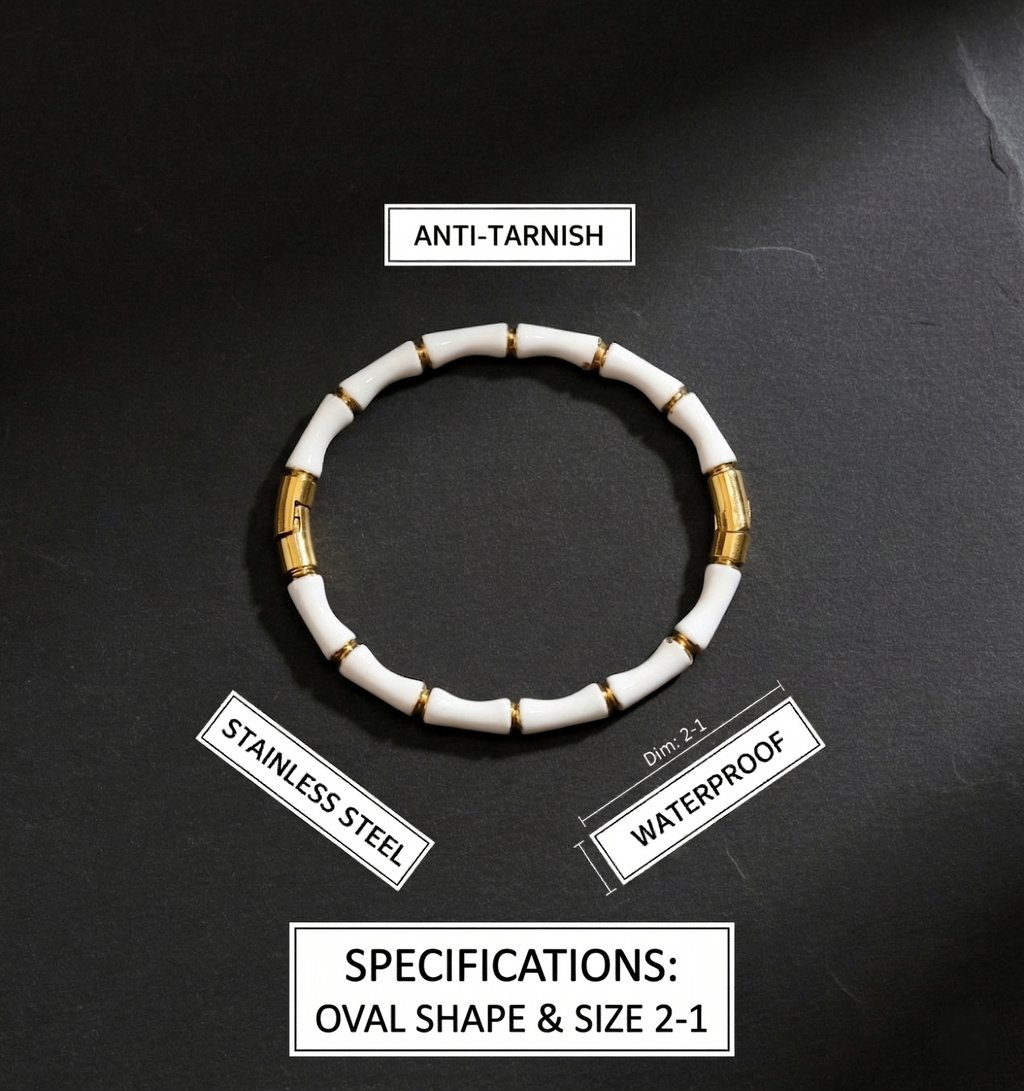 Elegant White Bamboo Bangle Bracelet for Young Teen Girls Gold Tone Accents - MVNFBRGD184