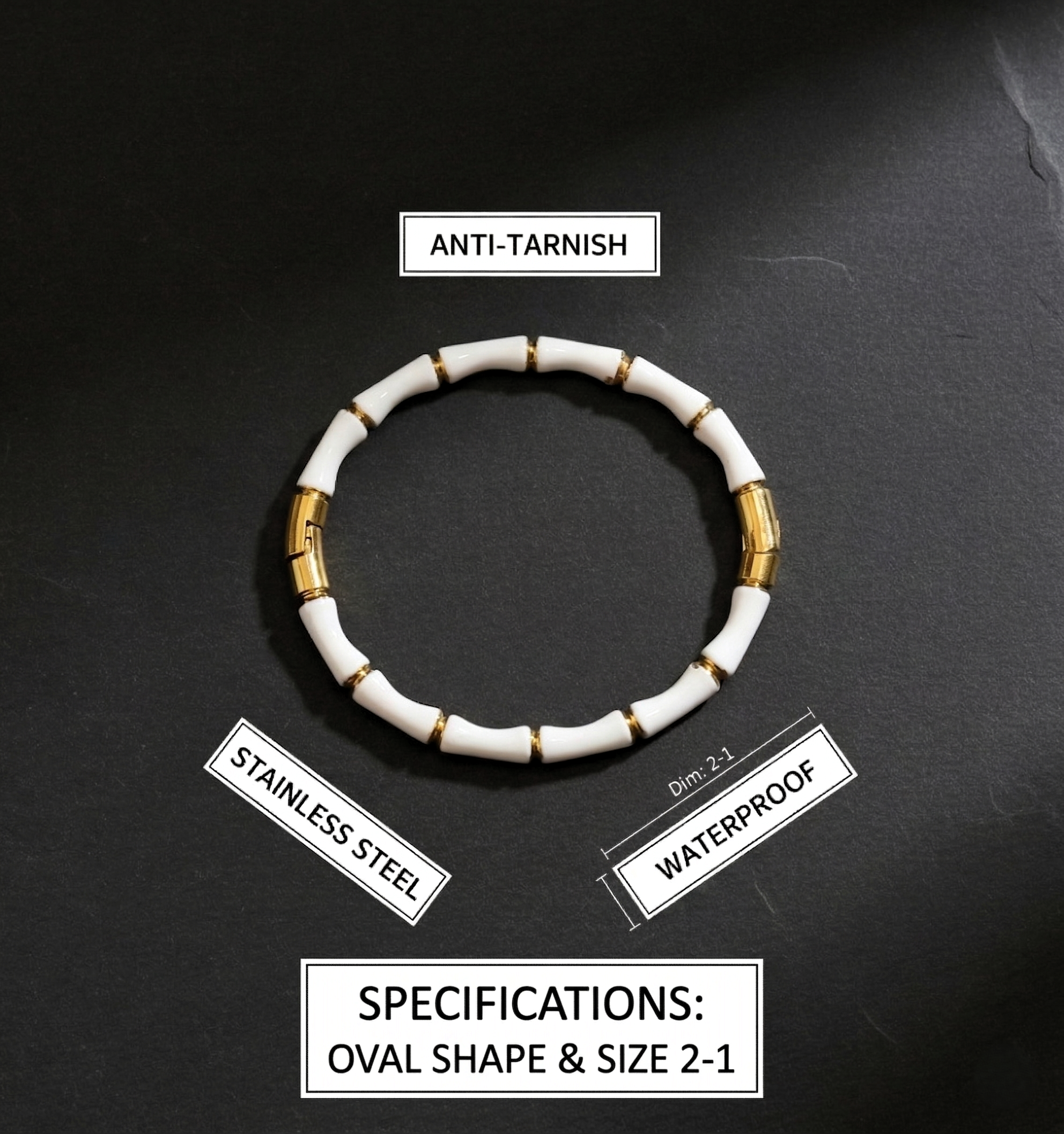 Elegant White Bamboo Bangle Bracelet for Young Teen Girls Gold Tone Accents - MVNFBRGD184