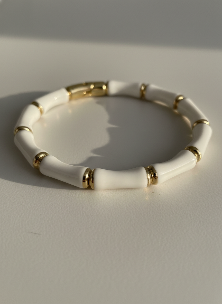Elegant White and Gold Bamboo Design Bracelet for Women - Stylish Hand Accessory - MVHSBRGD143