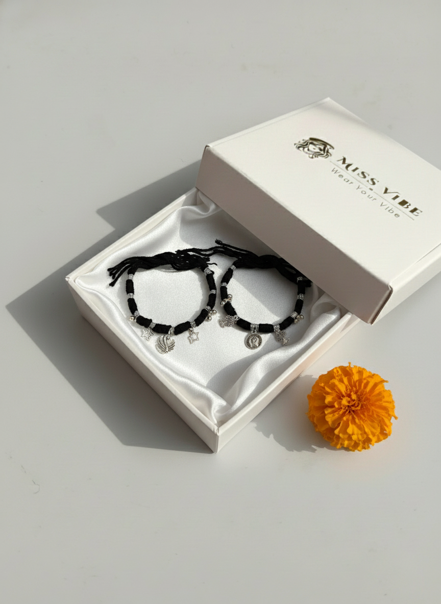 Combo of 2 Oxidized Silver Charm Black Thread Bracelets for Women and Girls - MVCMBRGD174