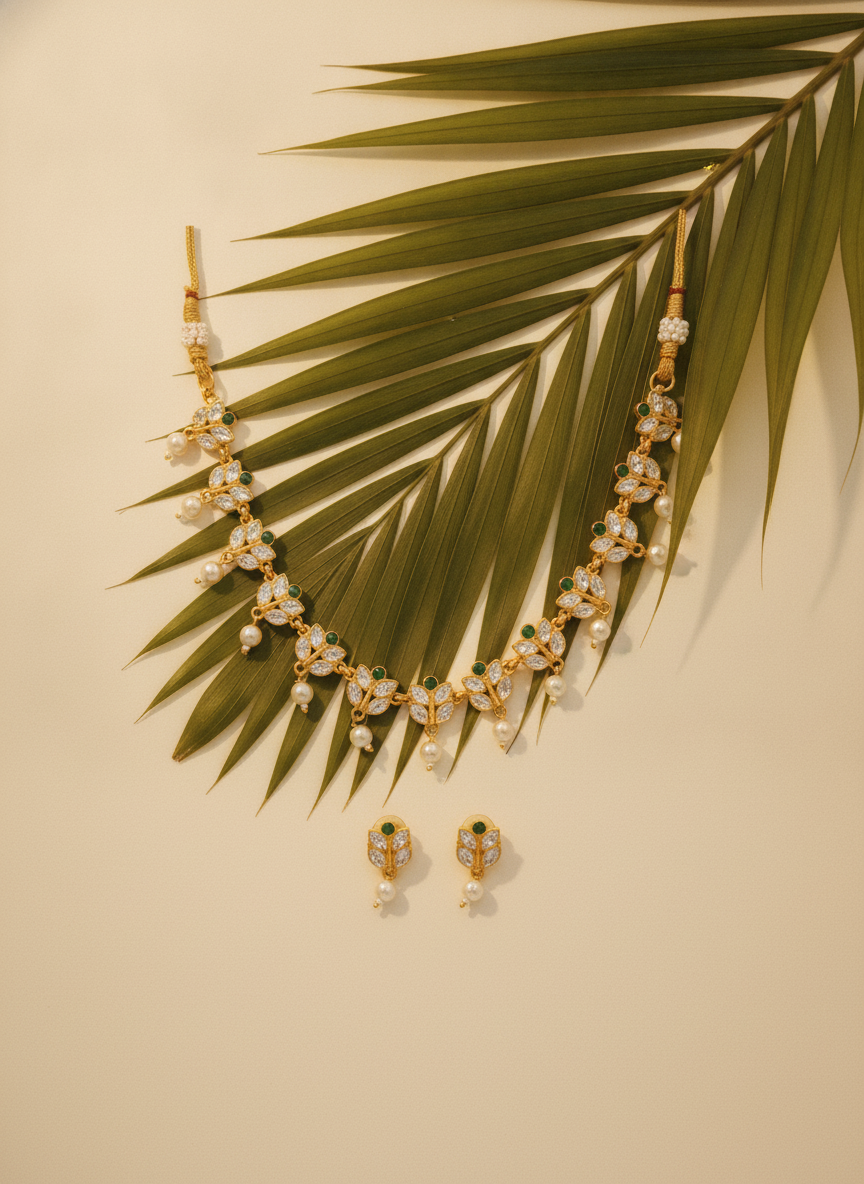 Gold Plated Green and White Stone Jewelry Set with Pearl Droplets - MVJPSTGD205