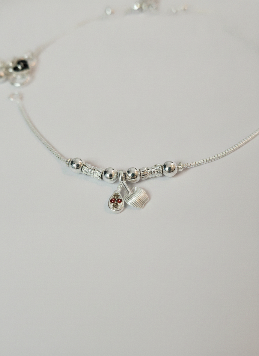 Women's Silver Plated Traditional Payal Heart Charm Anklets Pair for Girls - MVDRAKSR196