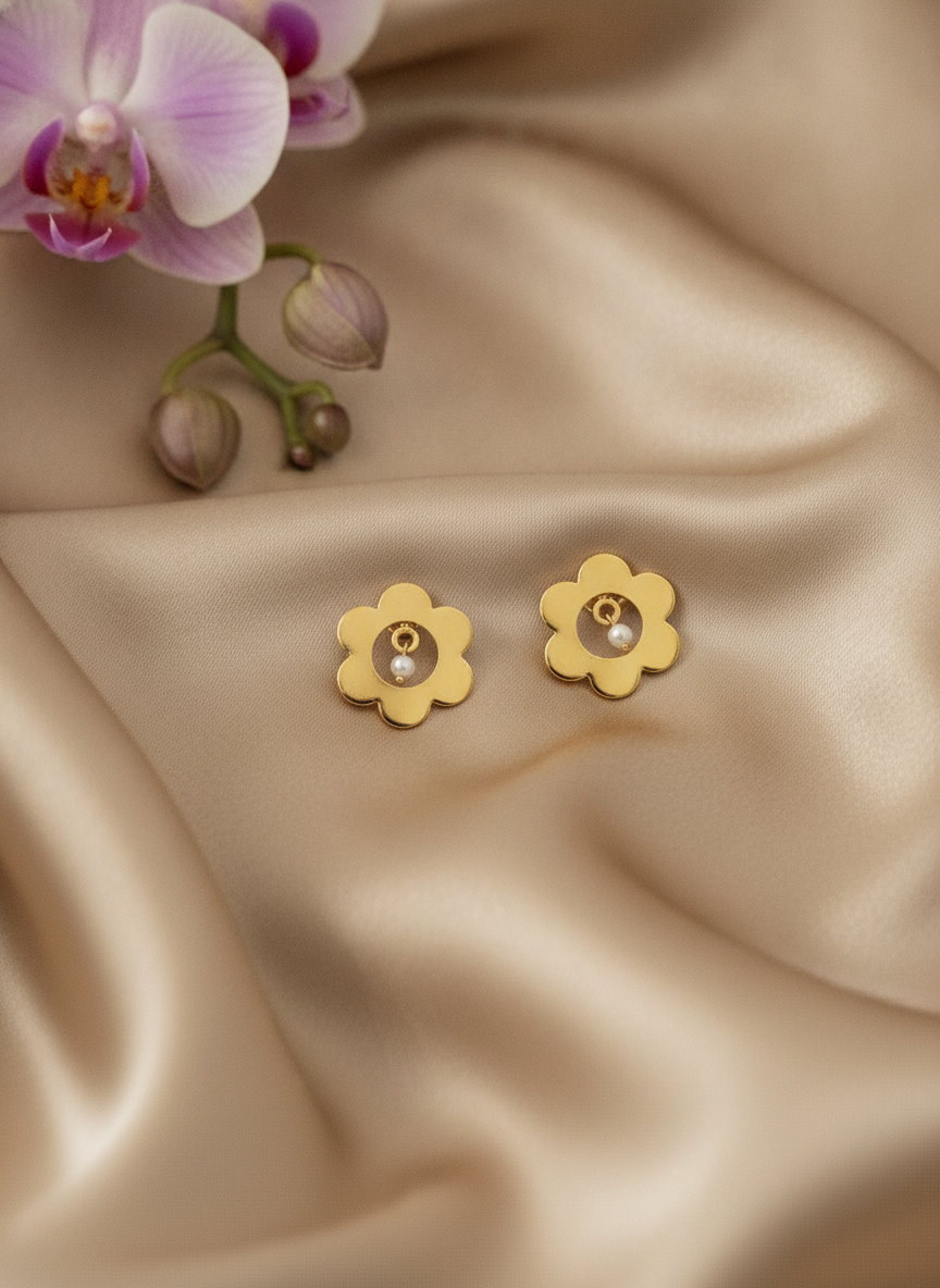 Gold Plated Flower Stud Earrings with Dangling Pearl for Women and Girls - MVJPERGD209