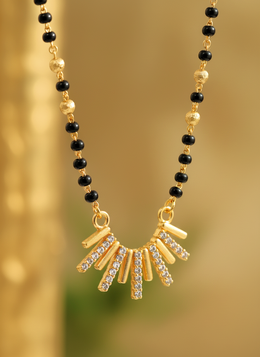 Gold Plated Stone Studded Sunburst Mangalsutra for Women with Black Beads - MVMFMSGD178