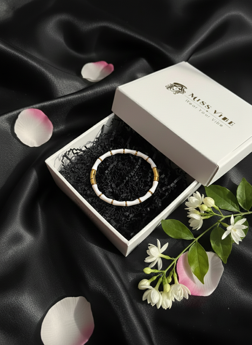 Elegant White Bamboo Bangle Bracelet for Young Teen Girls Gold Tone Accents - MVNFBRGD184