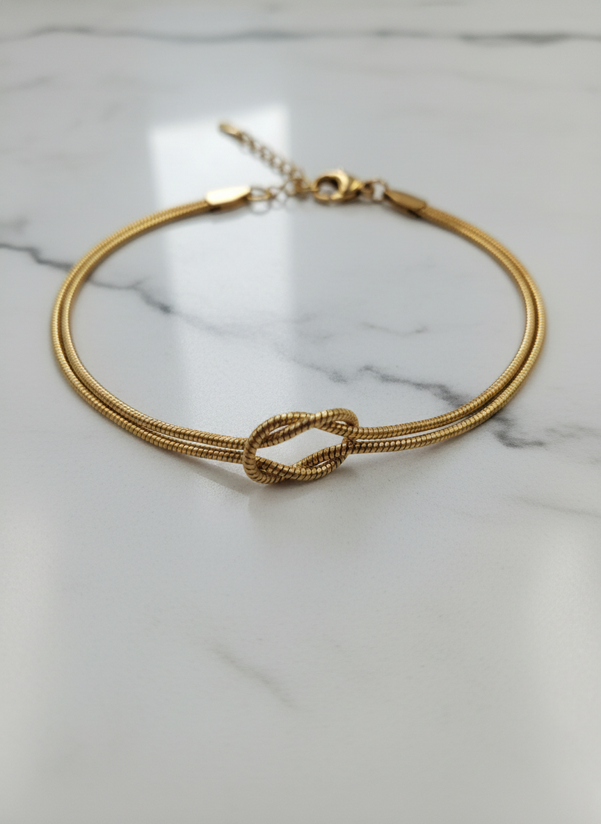 Women Gold Plated Double Strand Snake Chain Love Knot Bracelet for Girls - MVKMBRGD168