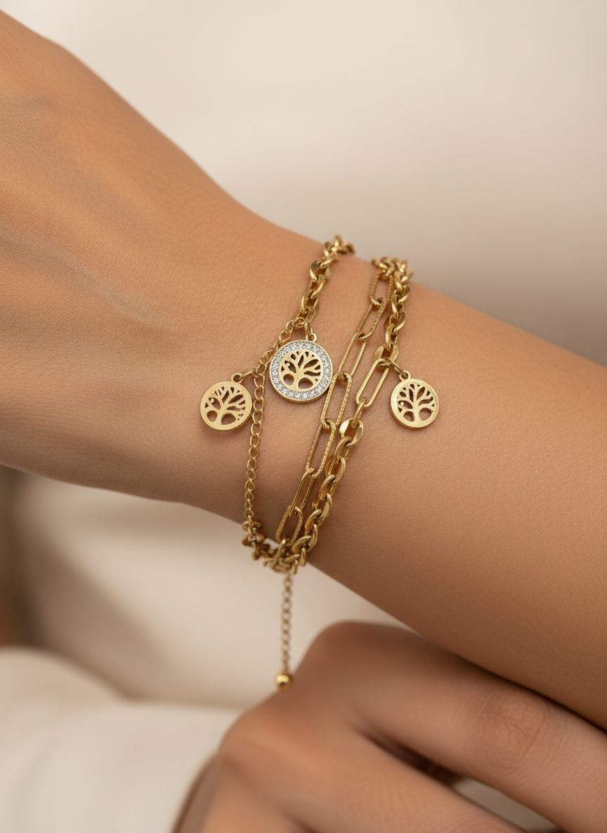 Gold Plated Tree of Life Triple Layered Charm Bracelet for Women and Girls - MVNFBRGD175