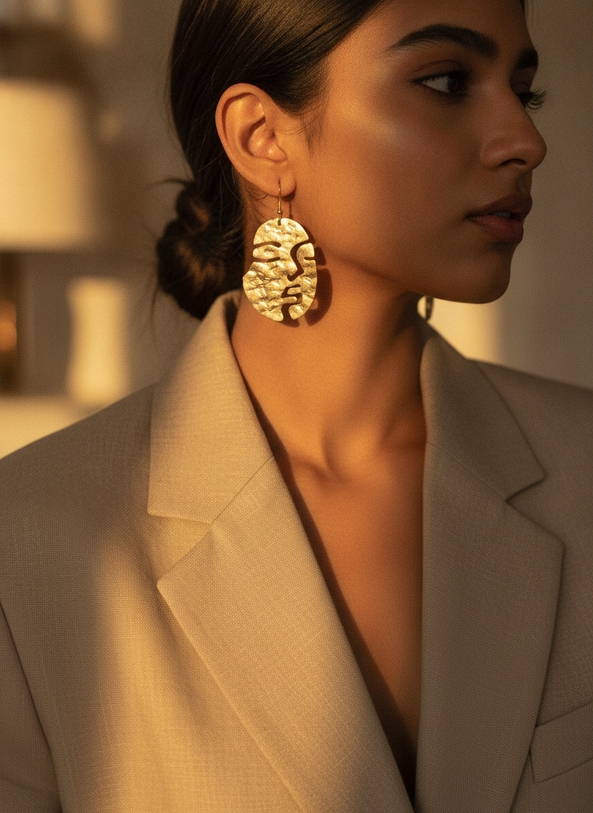 Gold Plated Abstract Face Silhouette Statement Drop Earrings for Women - MVJPERGD210