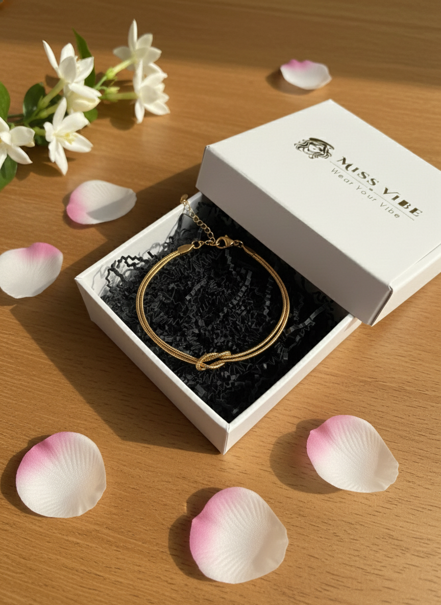 Women Gold Plated Double Strand Snake Chain Love Knot Bracelet for Girls - MVKMBRGD168