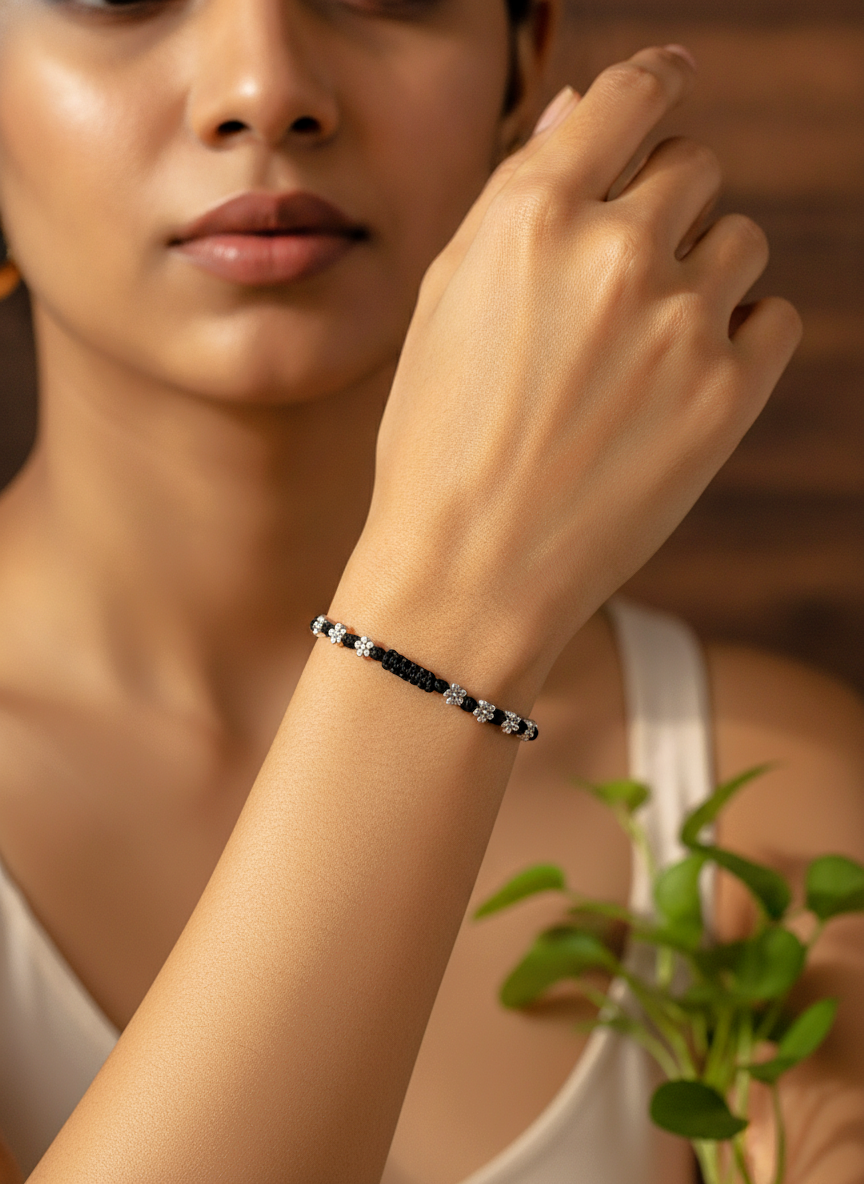 Black Thread Floral Bracelet with Silver Oxidised Beads for Women and Girls - MVJPBRSR203