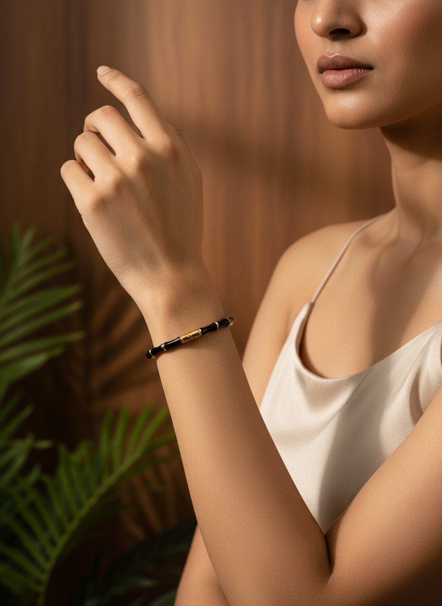Elegant Black and Gold Bamboo Design Hinged Bangle Bracelet for Young Girls - MVNFBRGD167