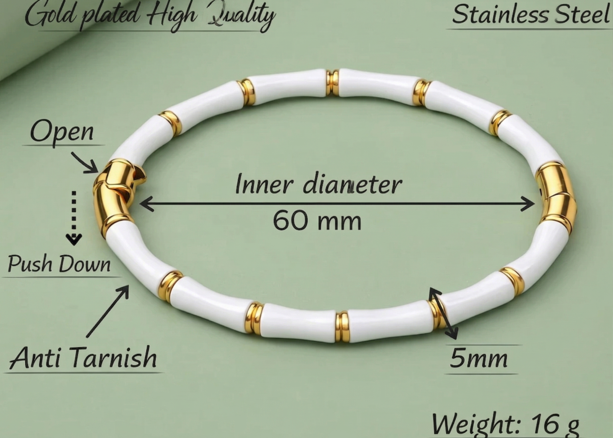 Elegant White and Gold Bamboo Design Bracelet for Women - Stylish Hand Accessory - MVHSBRGD143