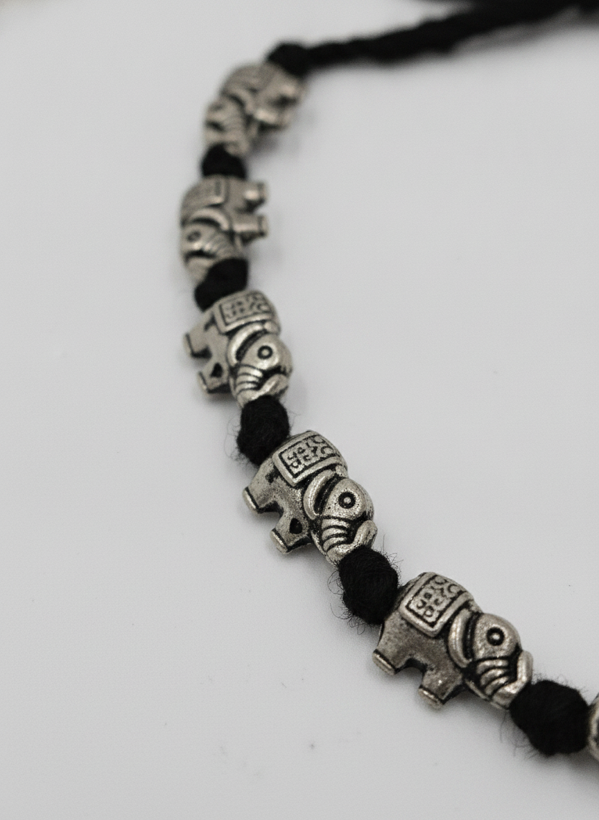 Silver Oxidised Elephant Black Thread Adjustable Bracelet for Women and Men - MVJPBRSR200