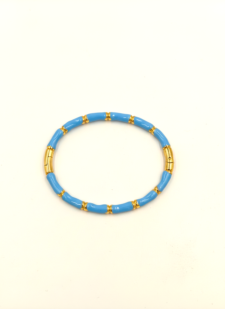 Elegant Light Blue Enamel Bamboo Bangle Bracelet for Women - 18K Gold Plated Stackable Wrist Accessory, Stylish Nature-Inspired Fashion Jewelry - MVHSBRGD144
