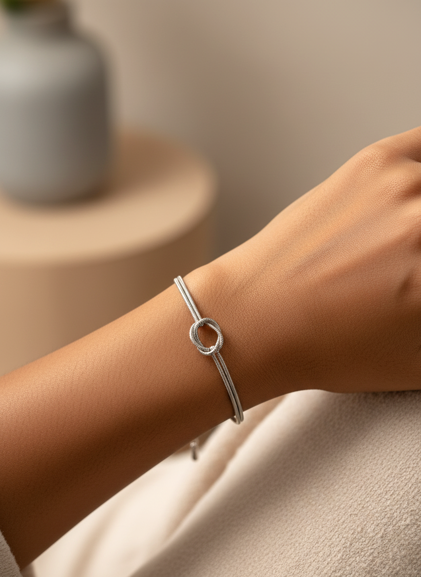 Elegant Silver Toned Minimalist Interlocking Knot Snake Chain Bracelet for Women - MVKMBRSR169