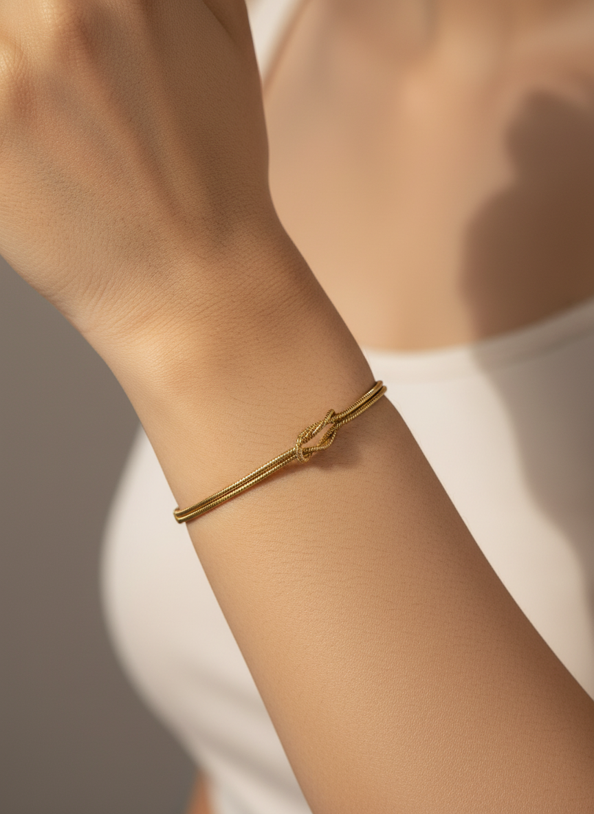 Women Gold Plated Double Strand Snake Chain Love Knot Bracelet for Girls - MVKMBRGD168