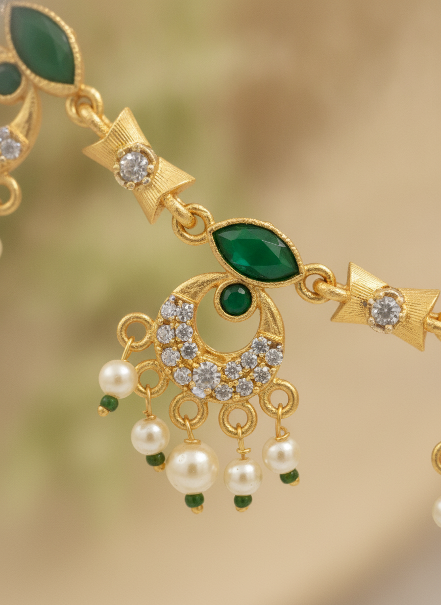 Gold Plated Green Stone and Pearl Necklace Jewelry Set for Women - MVJPSTGD204