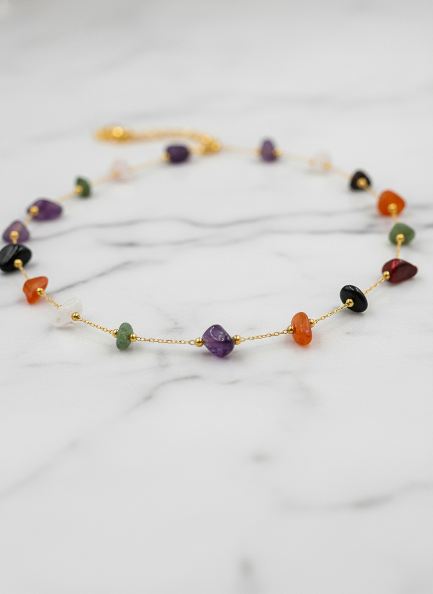 Multi Color Natural Stone Gold Plated Necklace for Women and Girls - MVANNKGD157