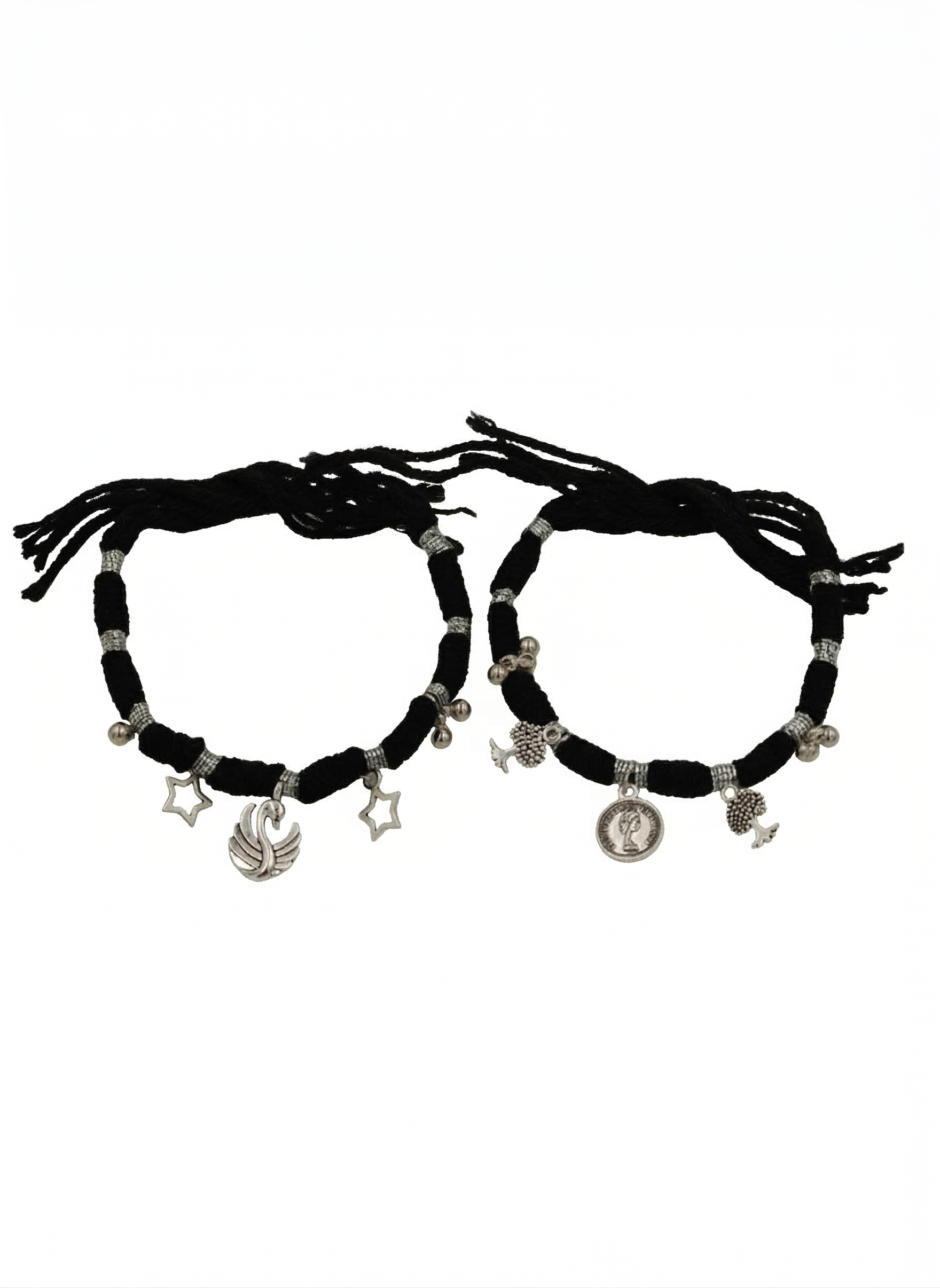 Combo of 2 Oxidized Silver Charm Black Thread Bracelets for Women and Girls - MVCMBRGD174