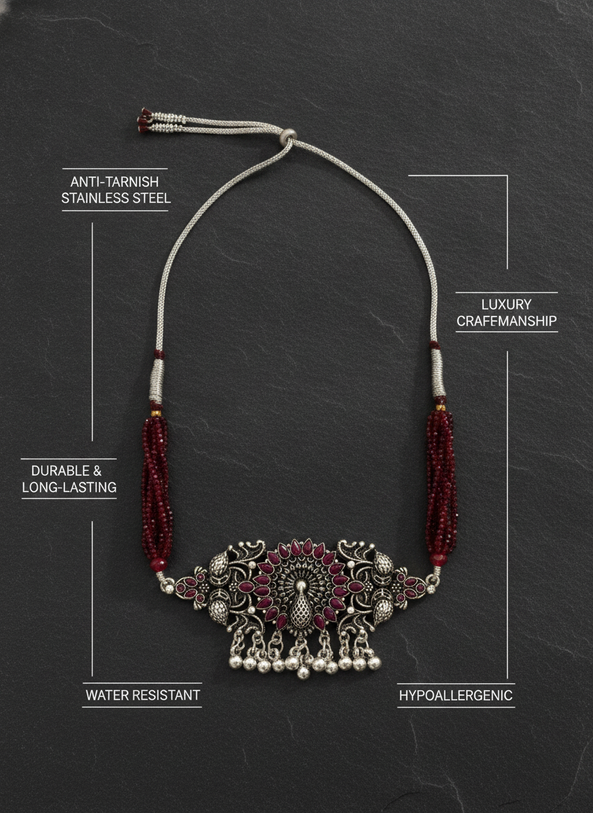 Oxidized Silver Maroon Beaded Peacock Choker Necklace Traditional Jewelry Set - MVJPSTSR206
