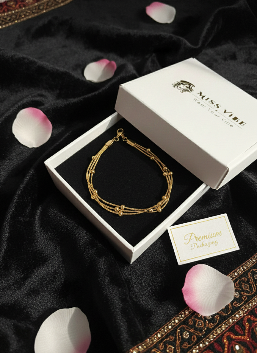MVK Gold Plated Triple Layer Snake Chain Anklet with Beads for Women and Girls - MVKMAKGD170